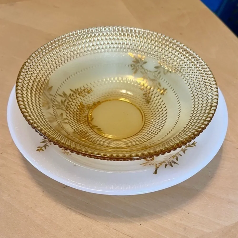 Beautiful Vintage Amber Glass Beaded Bowl and Federal White Milk Glass Bowl Set